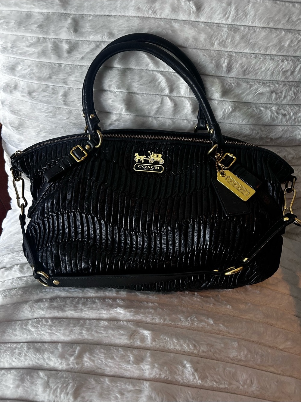 MADISON SOPHIA GATHERED BLACK LEATHER SATCHEL PURSE